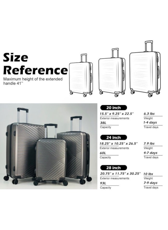 SAW & SEE Premium Hard Shell Luggage Set – 3-Piece Durable Strong Suitcase Set, Lightweight ABS Trolley Bags with Smooth Rotating Spinner Wheels, Security Combination Lock, Telescopic Handle, Traveling Bag Suitcases – 12 KG /23 KG /35 KG - 20" / 24" / 28" – DARK GREY  - Image 3