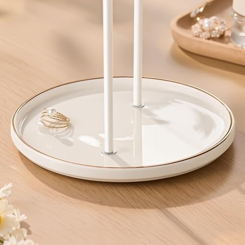 Josmimic White Jewelry Holder Stand with Ceramic Tray Small Hanging Necklace Organizer Tree for Earrings Bracelets Rings Jewelry Display Hanger for Women Girls White - Image 3