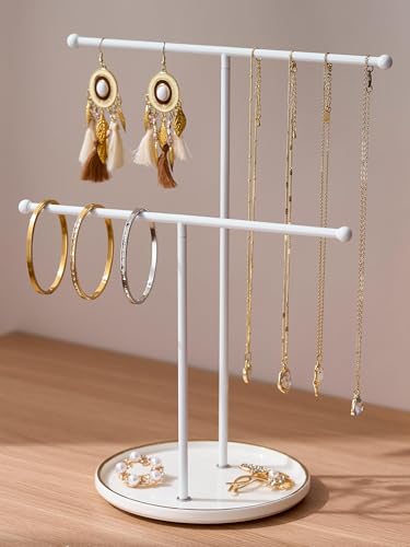 Josmimic White Jewelry Holder Stand with Ceramic Tray Small Hanging Necklace Organizer Tree for Earrings Bracelets Rings Jewelry Display Hanger for Women Girls White - Image 1