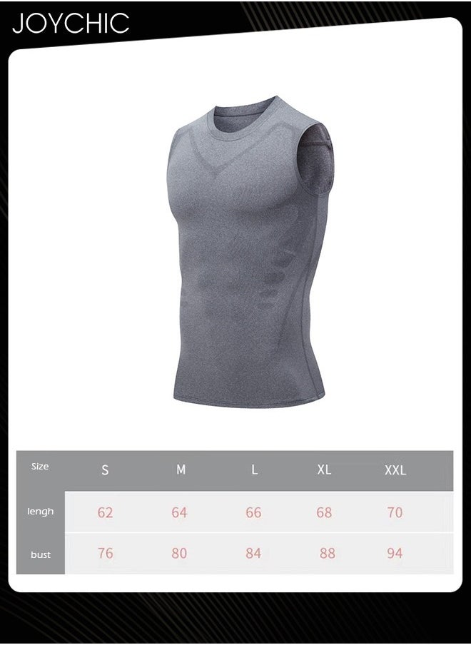 Joychic - Men Sports Vest Quick-drying High-elastic Tights Fitness Basketball Running Training Wide Shoulder T-shirt for All Seasons Grey - Image 1