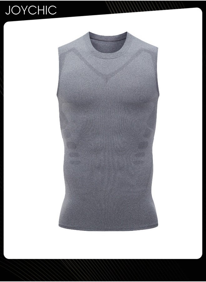 Joychic - Men Sports Vest Quick-drying High-elastic Tights Fitness Basketball Running Training Wide Shoulder T-shirt for All Seasons Grey - Image 1