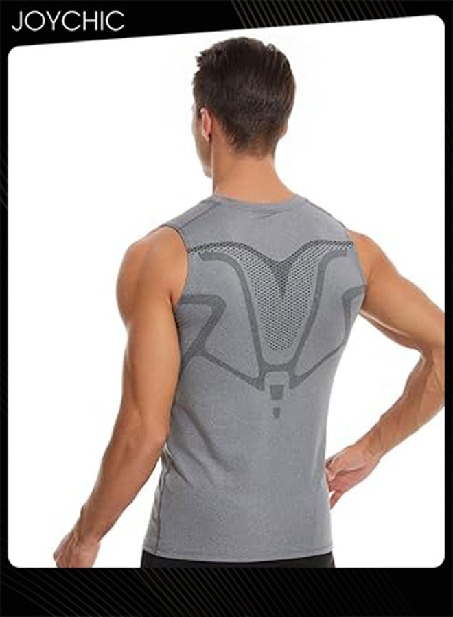 Joychic سترة رياضية للرجال سريعة الجفاف عالية المرونة لممارسة تمارين اللياقة البدنية وكرة السلة والجري وقميص واسع الكتفين لجميع المواسم باللون الرمادي - Image 4