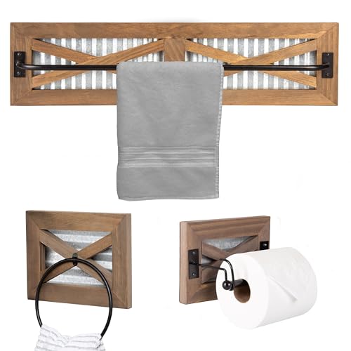 Crutello Rustic Towel Bar Toilet Paper Holder Set with Towel Ring for Bathroom- Wall Mounted Bathroom Racks - Barnwood, Galvanized Backing & Black Metal Bar, Farmhouse Décor - Image 1