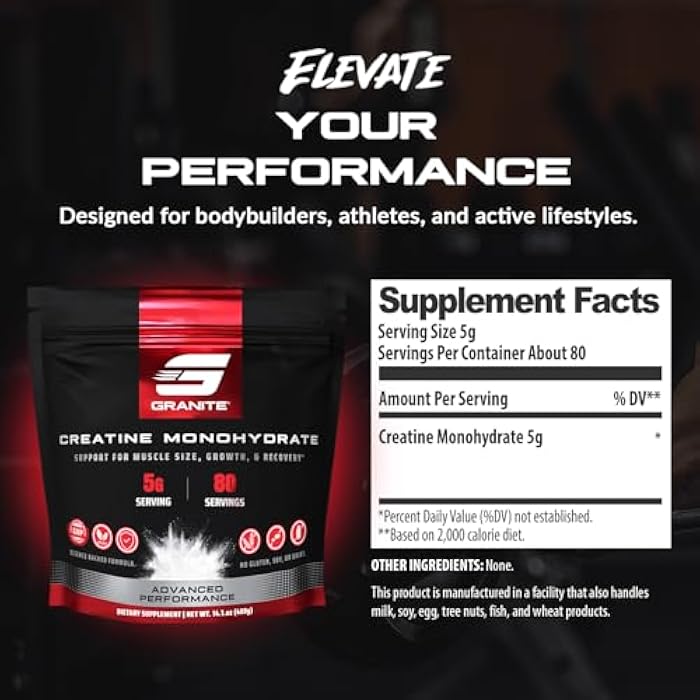 Granite Supplements Granite Creatine Monohydrate, Supports Strength, Endurance, & Muscle Recovery, Creatine for Men & Women, Soy-Free, Dairy-Free, Gluten-Free (80 Servings) - Image 3