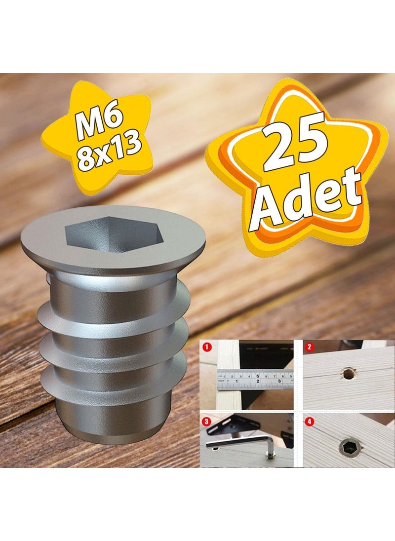Glaswen Metal Straight Threaded Dowel Wood Dowel M6 8X13 Teeth Zinc Furniture Connection Unit Joining (25 Pieces)  - Image 1