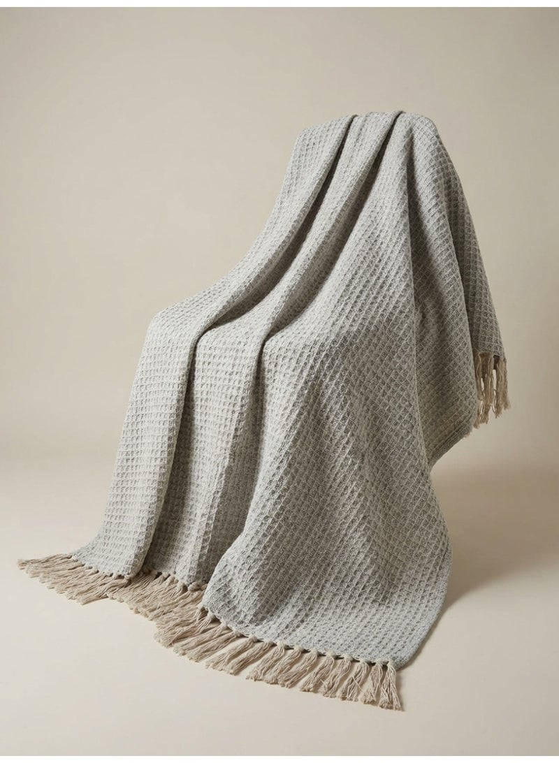 Ambrosia 130 x 160 cm Premium Cotton Light Grey Honeycomb Throw Blanket with Tassels - Soft Waffle Weave Decorative Couch Cover Bed Runner Travel Picnic Mat - Image 2