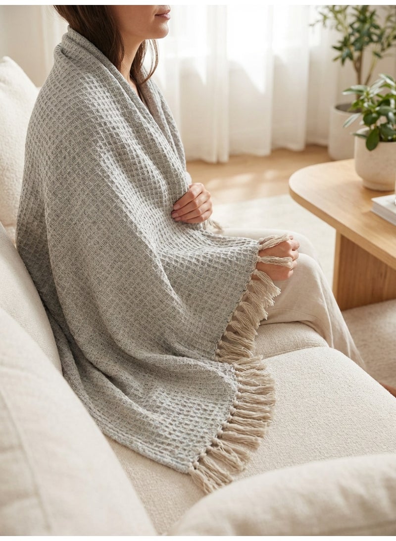 Ambrosia 130 x 160 cm Premium Cotton Light Grey Honeycomb Throw Blanket with Tassels - Soft Waffle Weave Decorative Couch Cover Bed Runner Travel Picnic Mat - Image 5