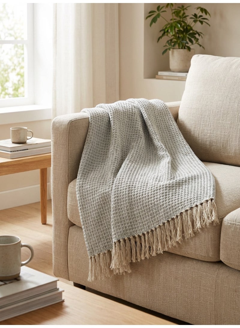 Ambrosia 130 x 160 cm Premium Cotton Light Grey Honeycomb Throw Blanket with Tassels - Soft Waffle Weave Decorative Couch Cover Bed Runner Travel Picnic Mat - Image 3