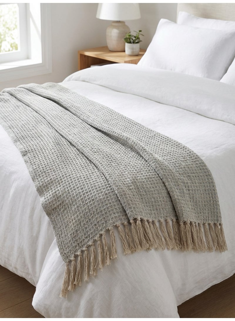 Ambrosia 130 x 160 cm Premium Cotton Light Grey Honeycomb Throw Blanket with Tassels - Soft Waffle Weave Decorative Couch Cover Bed Runner Travel Picnic Mat - Image 4