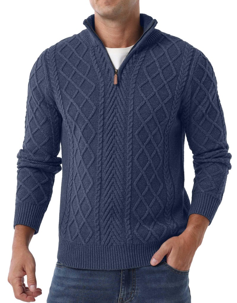 Askdeer Men's Quarter Zip Sweater Mock Neck Pullover Sweater Classic Casual Fisherman Sweaters Denim Blue - Image 1