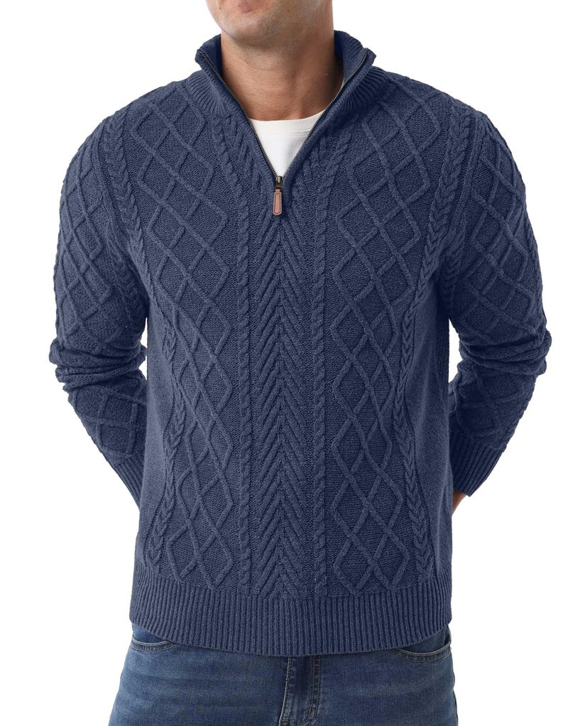 Askdeer Men's Quarter Zip Sweater Mock Neck Pullover Sweater Classic Casual Fisherman Sweaters Denim Blue - Image 2