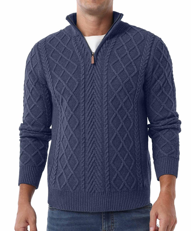 Askdeer Men's Quarter Zip Sweater Mock Neck Pullover Sweater Classic Casual Fisherman Sweaters Denim Blue - Image 5