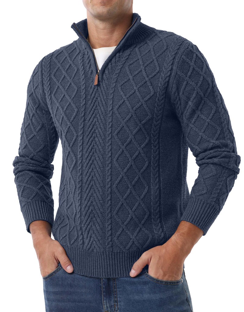 Askdeer Men's Quarter Zip Sweater Mock Neck Pullover Sweater Classic Casual Fisherman Sweaters Denim Blue - Image 4