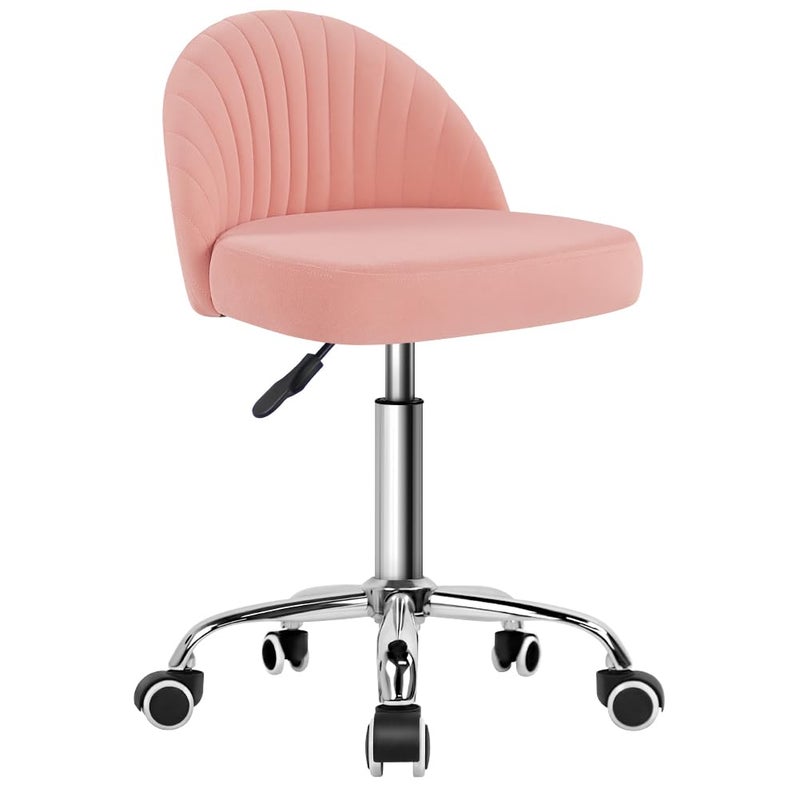 KKTONER Rolling Stool Swivel Office Chair Velvet Vanity Chairs Height Adjustable stools with Back for Bedroom Home Makeup Cosmetic Drafting(Pink) - Image 1