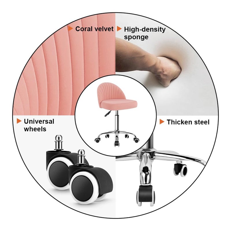 KKTONER Rolling Stool Swivel Office Chair Velvet Vanity Chairs Height Adjustable stools with Back for Bedroom Home Makeup Cosmetic Drafting(Pink) - Image 5
