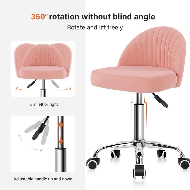 KKTONER Rolling Stool Swivel Office Chair Velvet Vanity Chairs Height Adjustable stools with Back for Bedroom Home Makeup Cosmetic Drafting(Pink) - Image 4