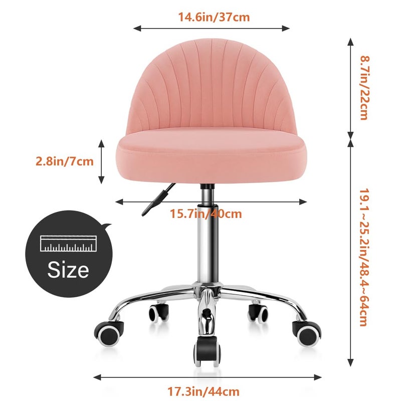 KKTONER Rolling Stool Swivel Office Chair Velvet Vanity Chairs Height Adjustable stools with Back for Bedroom Home Makeup Cosmetic Drafting(Pink) - Image 3