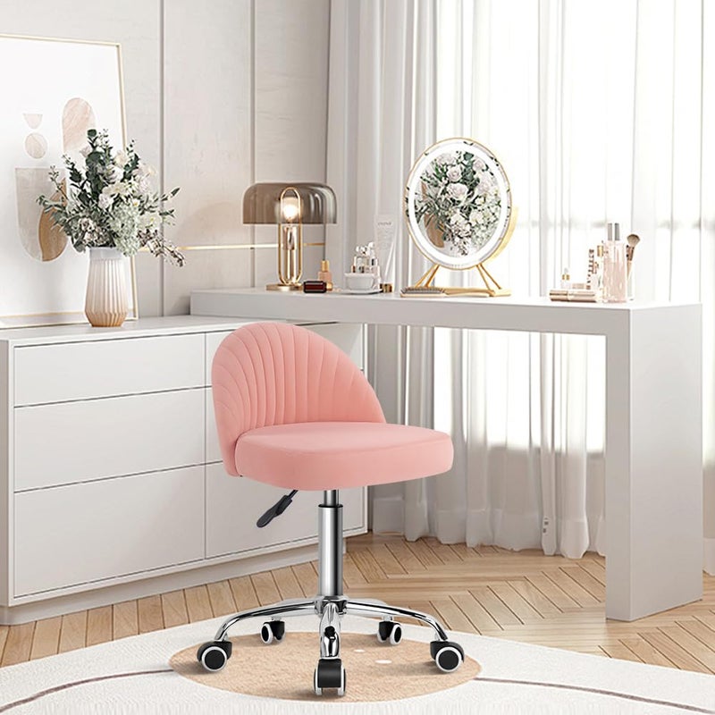 KKTONER Rolling Stool Swivel Office Chair Velvet Vanity Chairs Height Adjustable stools with Back for Bedroom Home Makeup Cosmetic Drafting(Pink) - Image 2