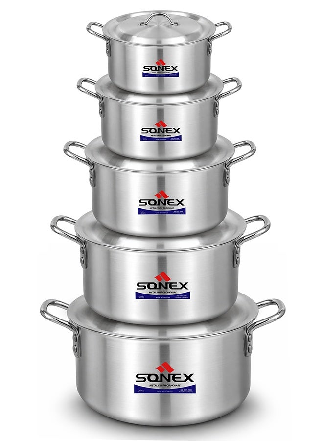 SONEX طقم أواني الطهي من سونيكس المصنوعة من الألمنيوم 10 قطع مع أغطية (4 لتر - 13 لتر)، أواني طهي عميقة، طقم أواني طهي كبيرة سعة ثقيلة، طهي متساوي الحرارة، مثالي للوجبات العائلية، البرياني، الأرز والكاري، غاز وكهرباء - Image 2