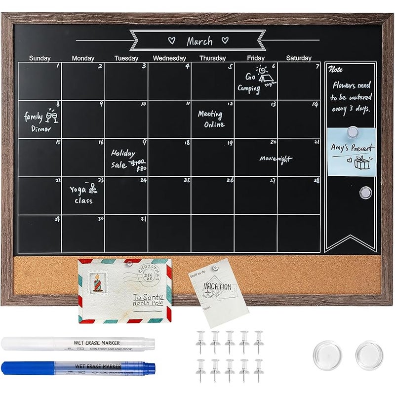ARCOBIS Chalkboard Calendar with Cork Board, 24x18 Inch Wood Frame Bulletin Board for Wall, Magnetic Chalk Calendar Board with Chalk Markers, Push-Pins and Magnets,Grey - Image 1