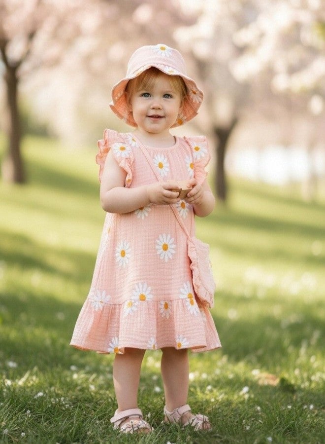SODLON Toddler Girl Dresses 18 24 Months Baby Clothes Summer Boho Ruffle Pink Daisy Dress Sleeveless Linen Cottagecore Sundress with Hat & Bag Sweet Holiday Gifts Outfits - Image 4