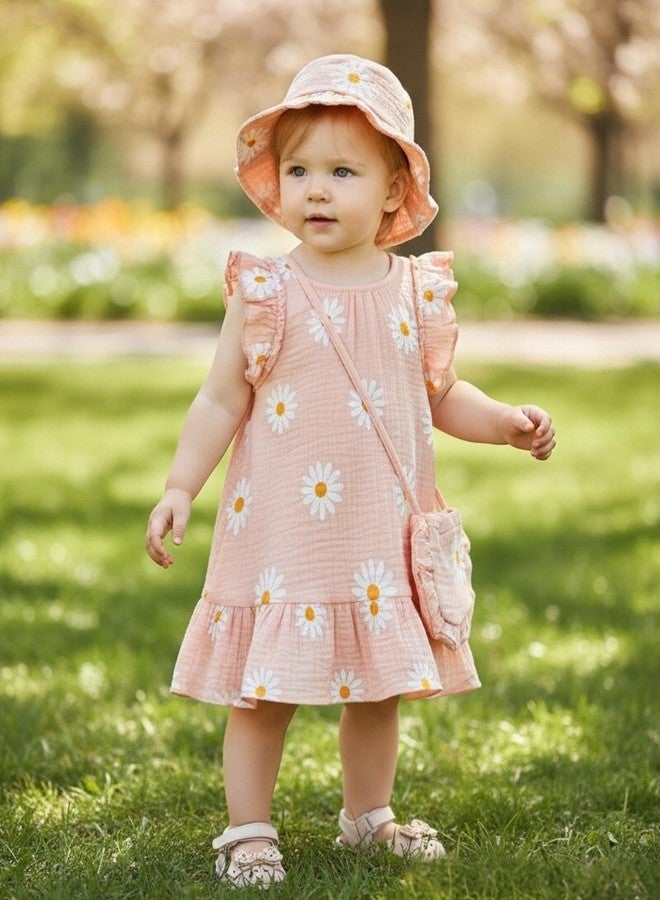 SODLON Toddler Girl Dresses 18 24 Months Baby Clothes Summer Boho Ruffle Pink Daisy Dress Sleeveless Linen Cottagecore Sundress with Hat & Bag Sweet Holiday Gifts Outfits - Image 2
