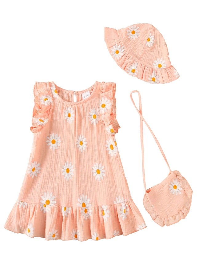 SODLON Toddler Girl Dresses 18 24 Months Baby Clothes Summer Boho Ruffle Pink Daisy Dress Sleeveless Linen Cottagecore Sundress with Hat & Bag Sweet Holiday Gifts Outfits - Image 1