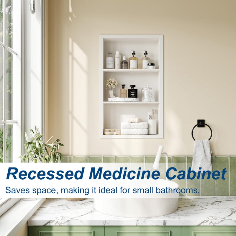 Qeke 14x24 Recessed Medicine Cabinet, Medicine Cabinet No Mirror, 304 Stainless Steel Medicine Wall Niche with 3-Tiers Shelves, Matte White - Image 2