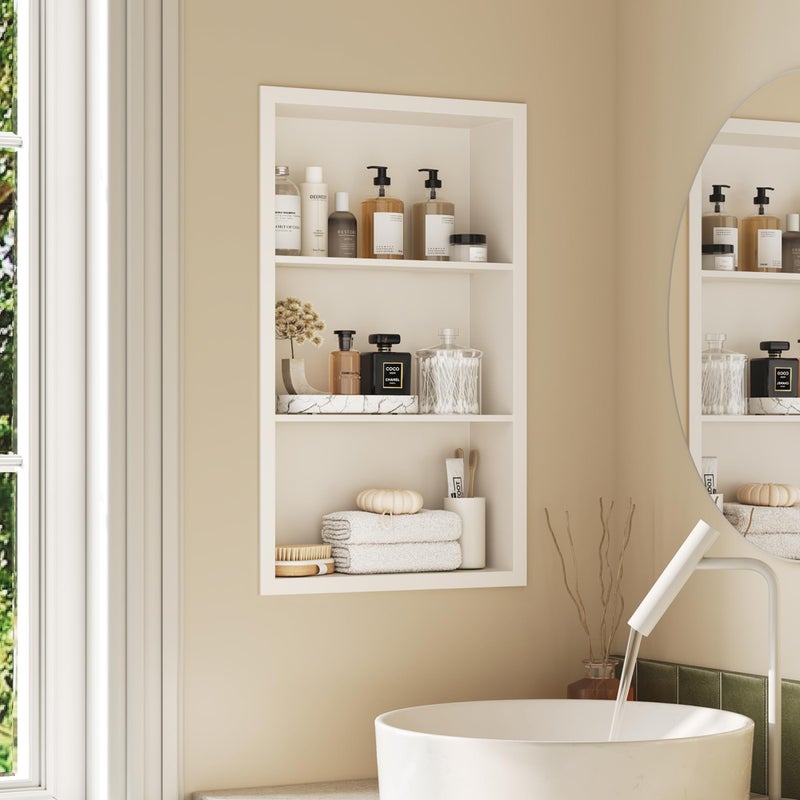 Qeke 14x24 Recessed Medicine Cabinet, Medicine Cabinet No Mirror, 304 Stainless Steel Medicine Wall Niche with 3-Tiers Shelves, Matte White - Image 1