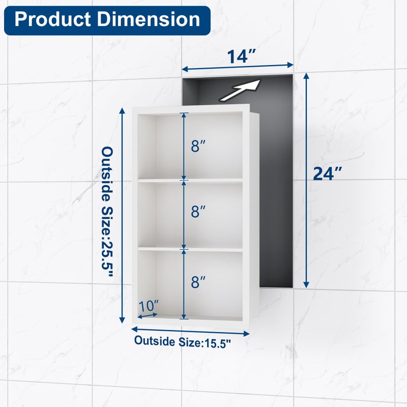 Qeke 14x24 Recessed Medicine Cabinet, Medicine Cabinet No Mirror, 304 Stainless Steel Medicine Wall Niche with 3-Tiers Shelves, Matte White - Image 5