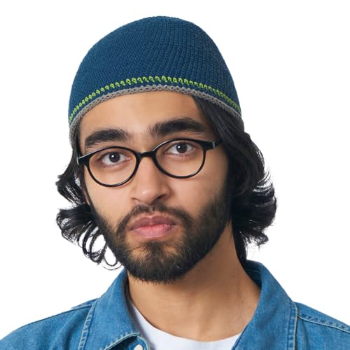 CHARM Mens Skull Cap Cotton Kufi - Beanie Hand Made Knitted Hat Elastic Tight Japanese Womens Blue - Image 1