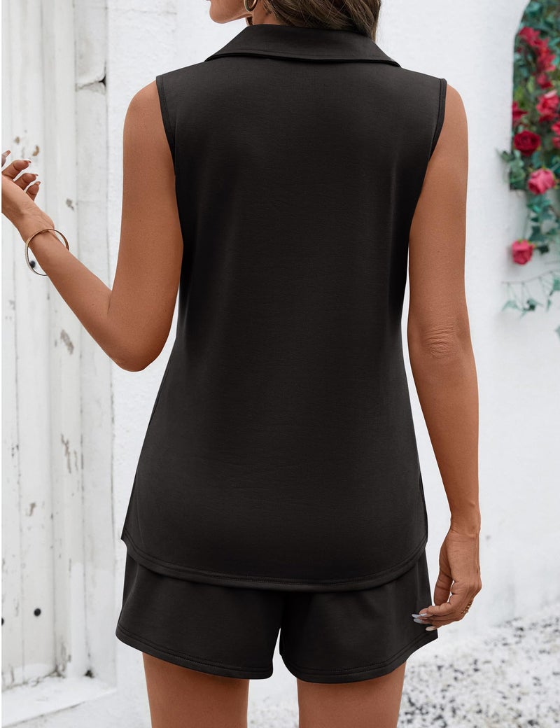 Rapbin 2 Piece Short Sets for Women Summer matching Vacation Clothes Sleeveless Airport Travel Outfits Lounge Set (Black, M) - Image 5