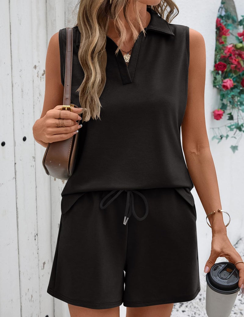 Rapbin 2 Piece Short Sets for Women Summer matching Vacation Clothes Sleeveless Airport Travel Outfits Lounge Set (Black, M) - Image 4