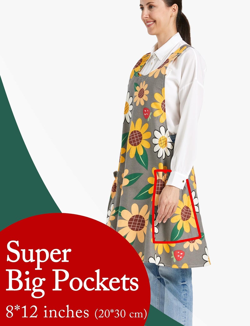 APRONNER Cozy Adjustable Cross Back Aprons for Women with Pockets Cotton Linen Cooking Kitchen Baking Sun Flowers - Image 3
