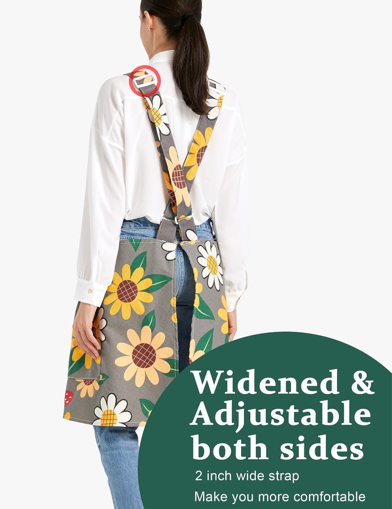 APRONNER Cozy Adjustable Cross Back Aprons for Women with Pockets Cotton Linen Cooking Kitchen Baking Sun Flowers - Image 4