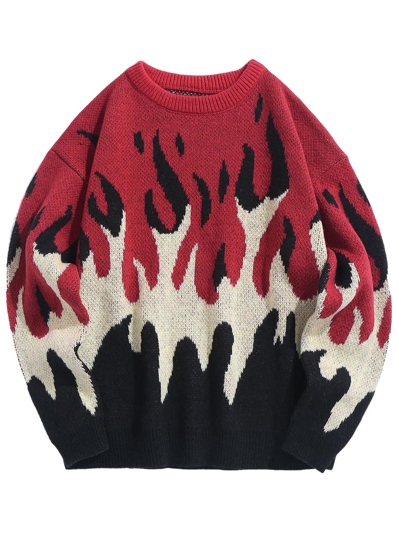 ZAFUL Men's Pullover Sweaters Oversized Knit Sweaters Vintage Crewneck Fire Graphic Y2K Aesthetic Fashion Jumper (1-Red,S) - Image 1