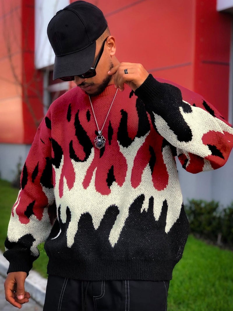 ZAFUL Men's Pullover Sweaters Oversized Knit Sweaters Vintage Crewneck Fire Graphic Y2K Aesthetic Fashion Jumper (1-Red,S) - Image 3