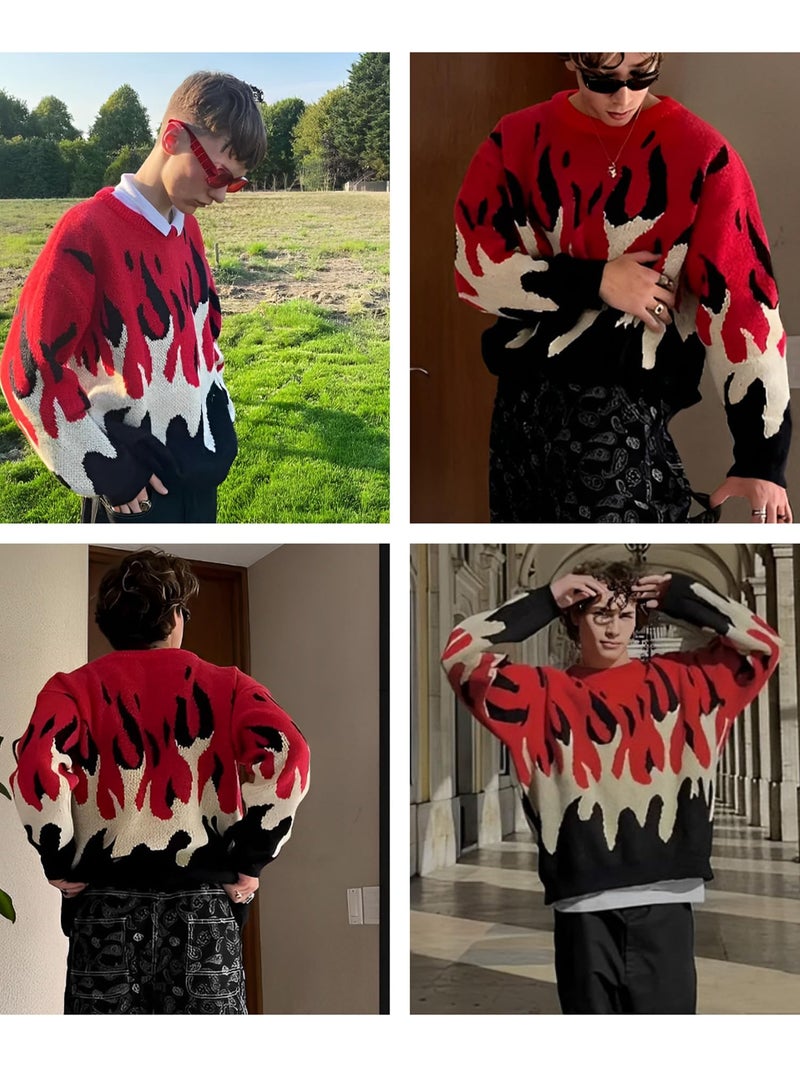 ZAFUL Men's Pullover Sweaters Oversized Knit Sweaters Vintage Crewneck Fire Graphic Y2K Aesthetic Fashion Jumper (1-Red,S) - Image 2