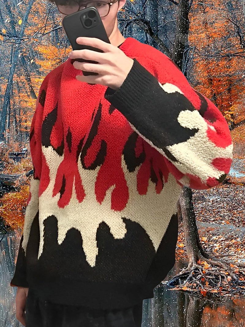 ZAFUL Men's Pullover Sweaters Oversized Knit Sweaters Vintage Crewneck Fire Graphic Y2K Aesthetic Fashion Jumper (1-Red,S) - Image 4