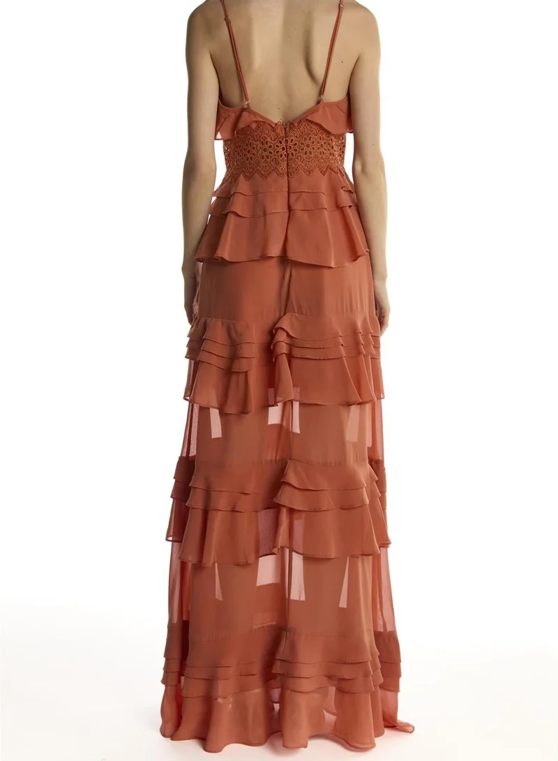 ترو ديكادينس Soft Rust Sophia Plunge Front Tiered Ruffle Maxi-Dress