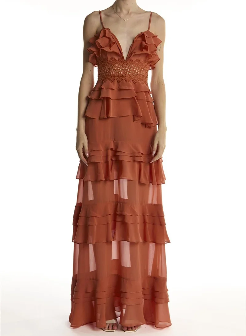ترو ديكادينس Soft Rust Sophia Plunge Front Tiered Ruffle Maxi-Dress