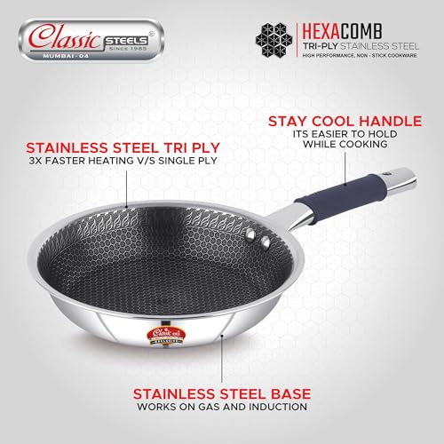 Classic Steels Hexa Comb Triply Frypan Without Lid – 1 LTR (20cm) | Stainless Steel Non-Stick Fry Pan | Induction & Gas Compatible | 2.5mm Thickness | Durable Stay Cool Silicon Handle - Image 3
