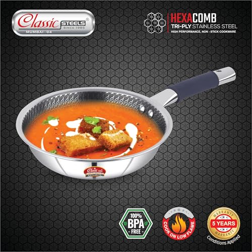 Classic Steels Hexa Comb Triply Frypan Without Lid – 1 LTR (20cm) | Stainless Steel Non-Stick Fry Pan | Induction & Gas Compatible | 2.5mm Thickness | Durable Stay Cool Silicon Handle - Image 2