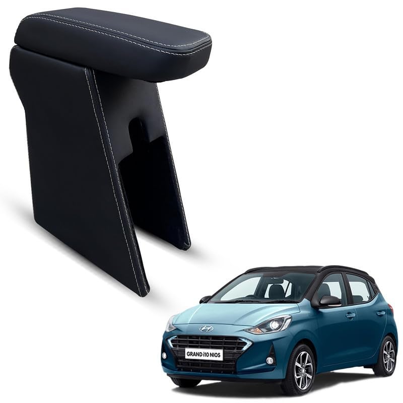 Carigiri Premium Finish Car Armrest with Storage Box And High Density Moulded Foam For Hyundai I10 Grand Nios (Models-2019-2024) (Black With White Double Stitching,Nappa Leatherette) - Image 1