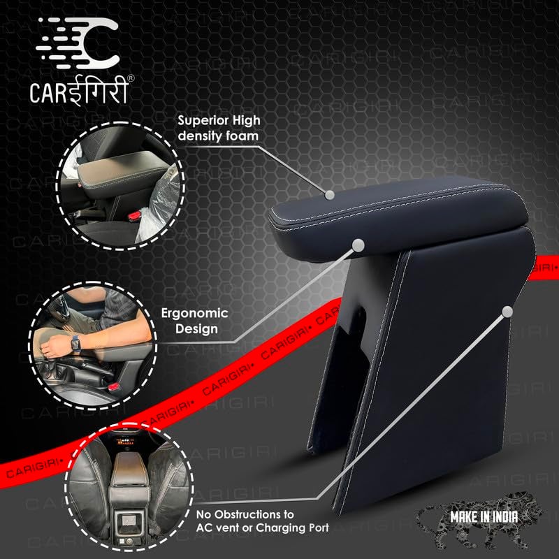 Carigiri Premium Finish Car Armrest with Storage Box And High Density Moulded Foam For Hyundai I10 Grand Nios (Models-2019-2024) (Black With White Double Stitching,Nappa Leatherette) - Image 3
