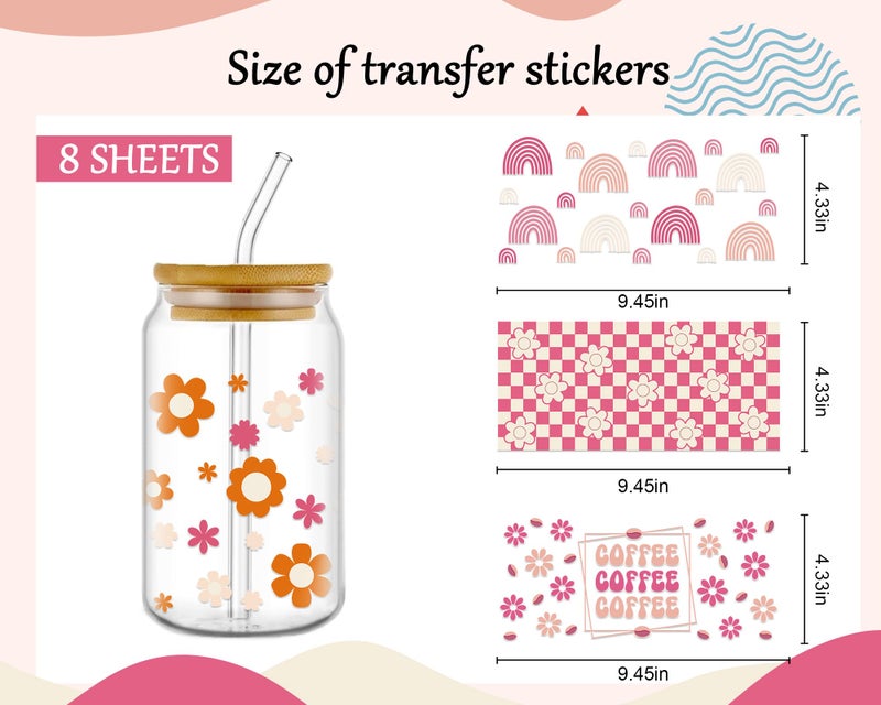 Rngmsi UV DTF Cup Wrap - 8 Sheets Boho UV DTF Cup Wraps for 16 oz, Pink Coffee Mushroom Flower Rainbow Uvdtf Decals, Groovy Waterproof Rub on Transfer Stickers for Glass, DIY Wood Crafts - Image 2