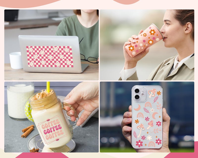 Rngmsi UV DTF Cup Wrap - 8 Sheets Boho UV DTF Cup Wraps for 16 oz, Pink Coffee Mushroom Flower Rainbow Uvdtf Decals, Groovy Waterproof Rub on Transfer Stickers for Glass, DIY Wood Crafts - Image 4