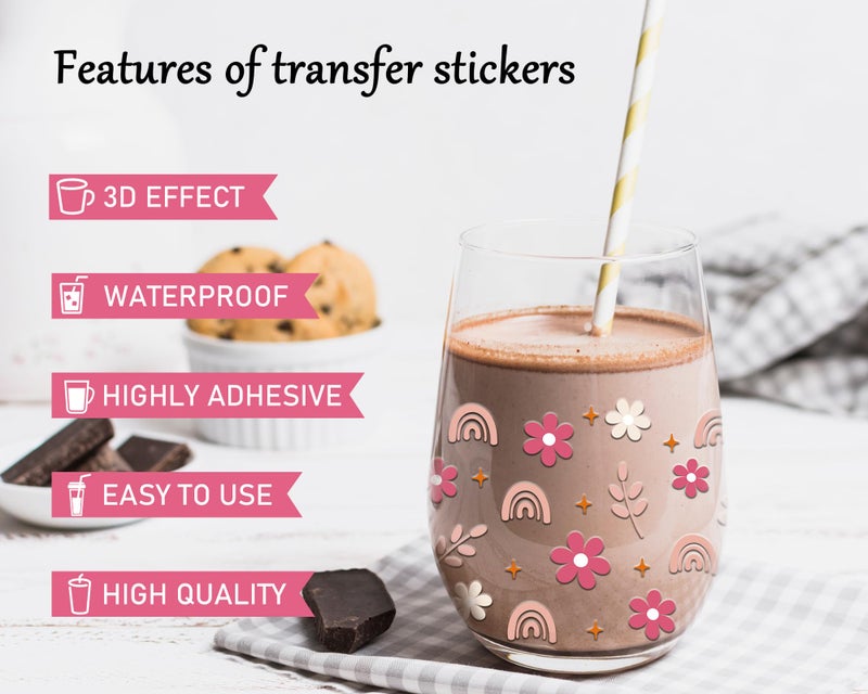 Rngmsi UV DTF Cup Wrap - 8 Sheets Boho UV DTF Cup Wraps for 16 oz, Pink Coffee Mushroom Flower Rainbow Uvdtf Decals, Groovy Waterproof Rub on Transfer Stickers for Glass, DIY Wood Crafts - Image 5