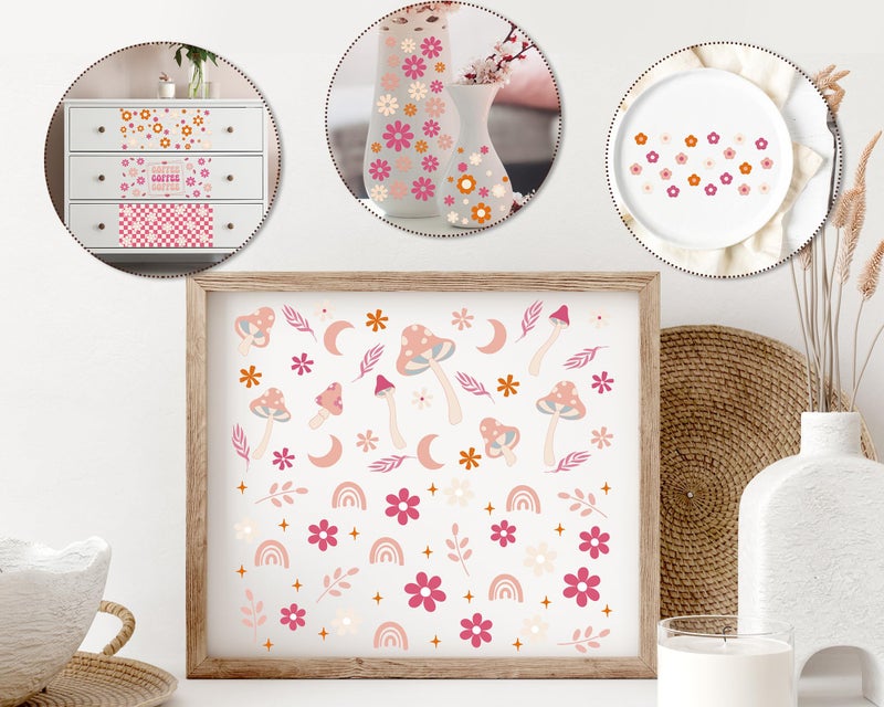 Rngmsi UV DTF Cup Wrap - 8 Sheets Boho UV DTF Cup Wraps for 16 oz, Pink Coffee Mushroom Flower Rainbow Uvdtf Decals, Groovy Waterproof Rub on Transfer Stickers for Glass, DIY Wood Crafts - Image 3