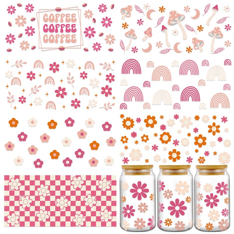 Rngmsi UV DTF Cup Wrap - 8 Sheets Boho UV DTF Cup Wraps for 16 oz, Pink Coffee Mushroom Flower Rainbow Uvdtf Decals, Groovy Waterproof Rub on Transfer Stickers for Glass, DIY Wood Crafts - Image 1